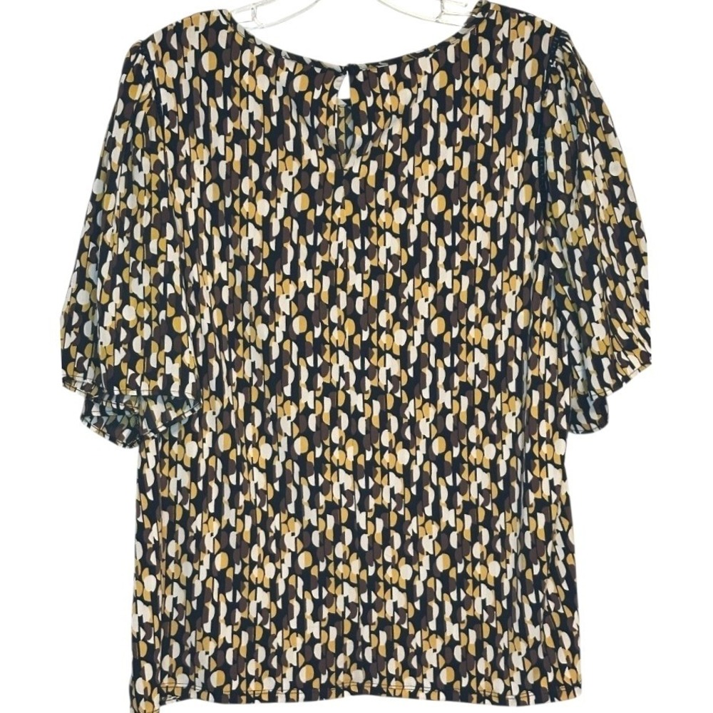 Ann Taylor Factory Pleated Blouse Women Yellow Black Geometric Flutter Sleeve L